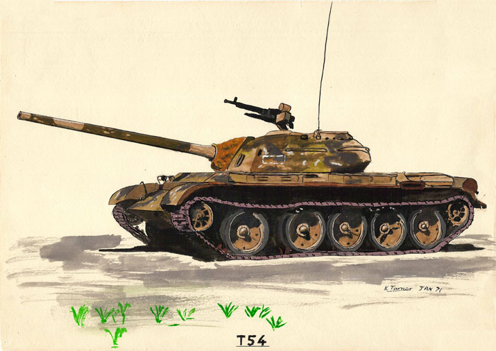 Painting of a Syrian T54.  Original work by Nick Turner, 1971